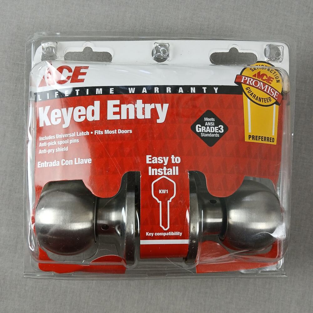 Ace Keyed Entry Door Knob Lifetime Warranty brushed nickel silver key kw1 ANSI 3